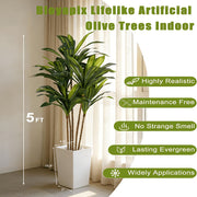 Large faux dracaena tree with white planter and moss finish