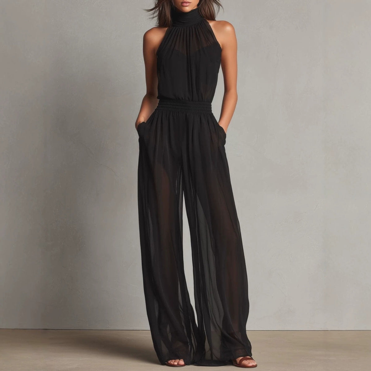 Womens Chiffon Spliced Sleeveless High-Neck Backless Wide-Leg Jumpsuit