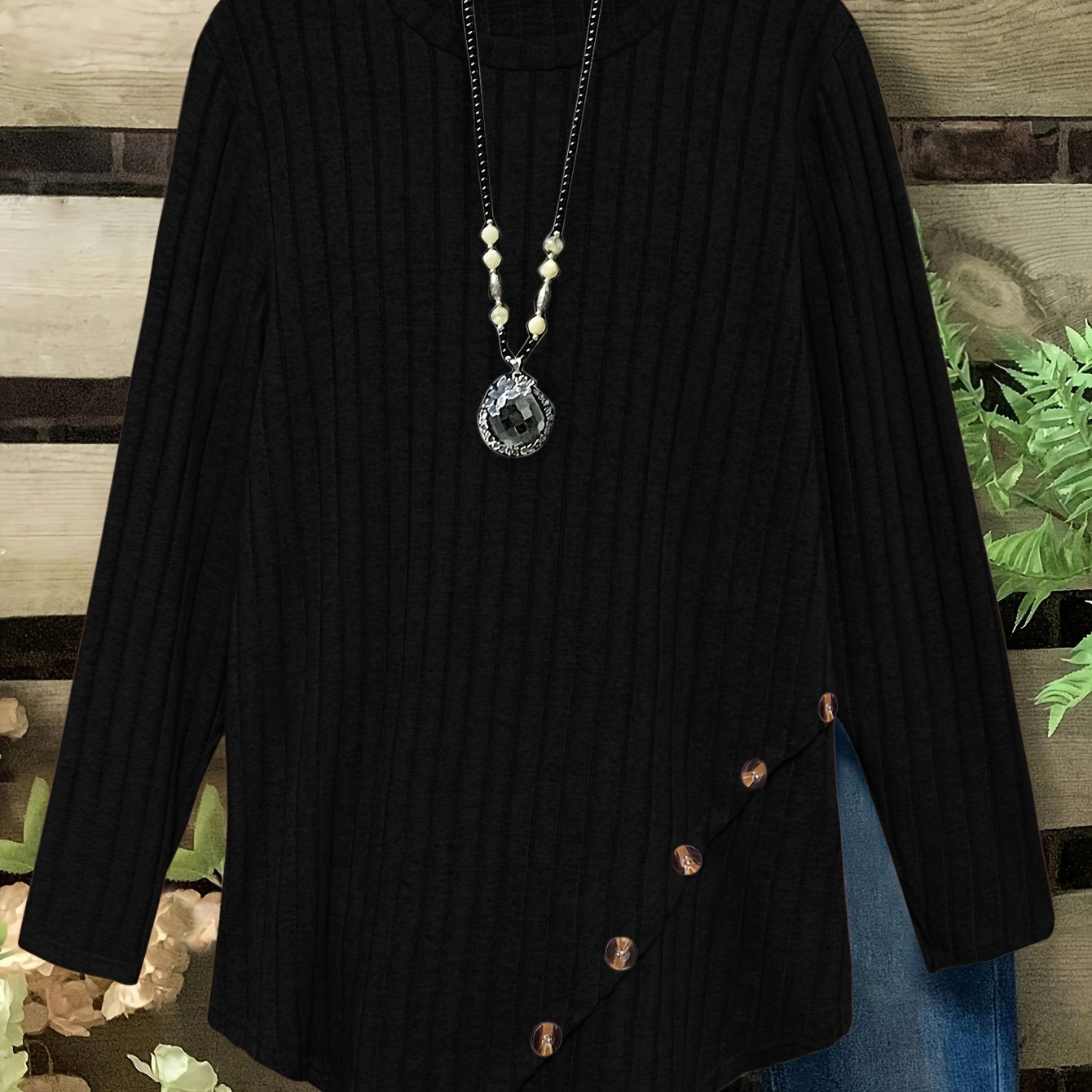 Plus Size Lightweight Ribbed Long Sleeve T-Shirt with Asymmetrical Hem