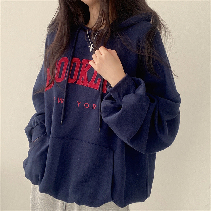 American Style Letter Print Fleece Pullover Hoodie