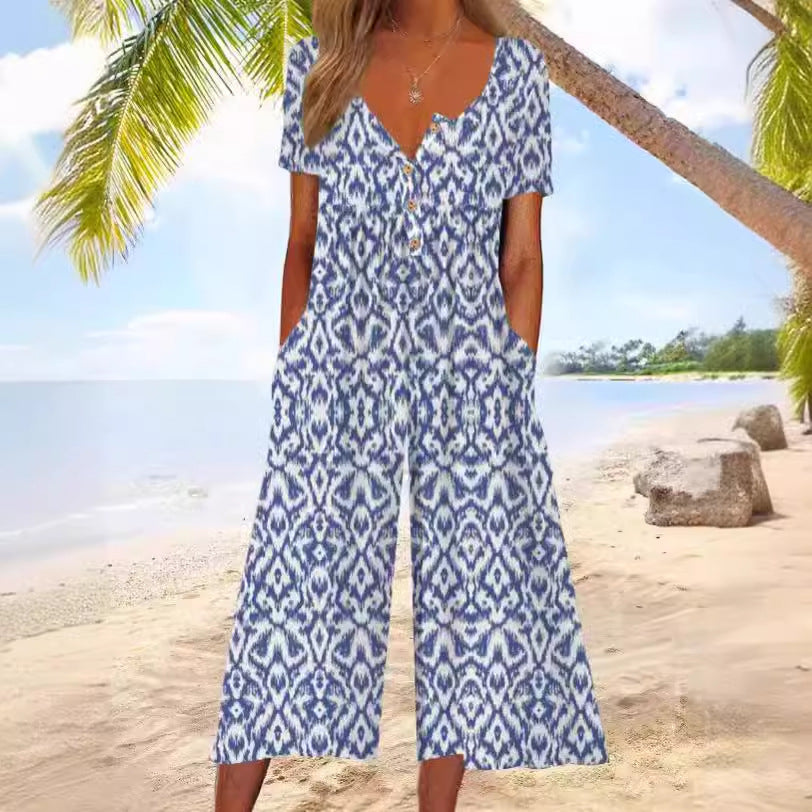 European And American Spring And Summer Hot-selling Printed Pocket Button Jumpsuit