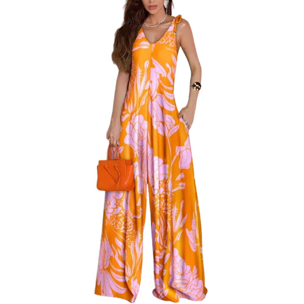 Boho Printed V-Neck Wide-Leg Romper with Pockets