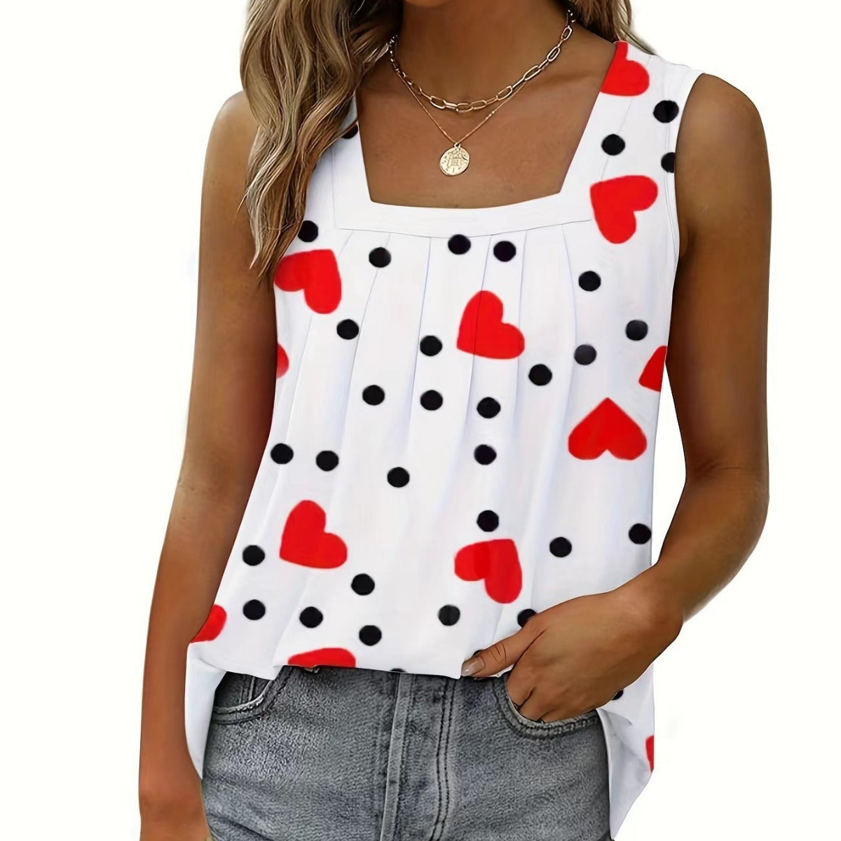 Ruched Square-Neck Sleeveless Tuxedo Vest – Heart Print T-Shirt