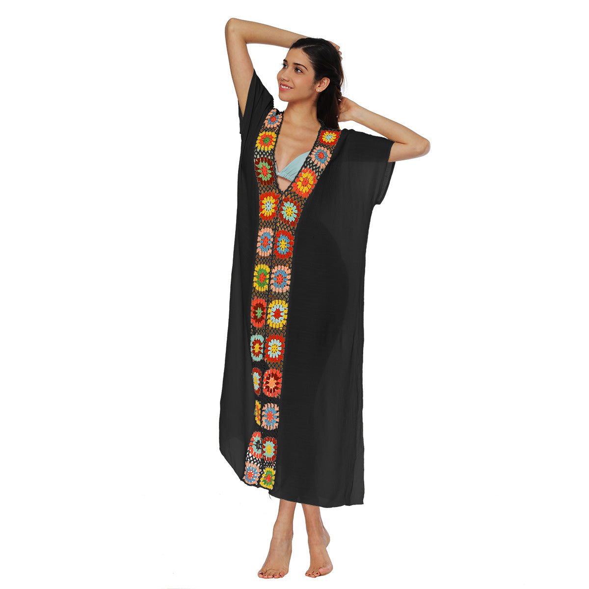 Hand-Knitted Patchwork Slit Maxi Dress