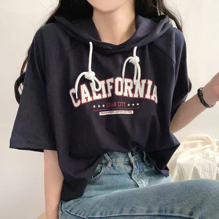 Casual Letter Print Short Sleeve Hooded Tee