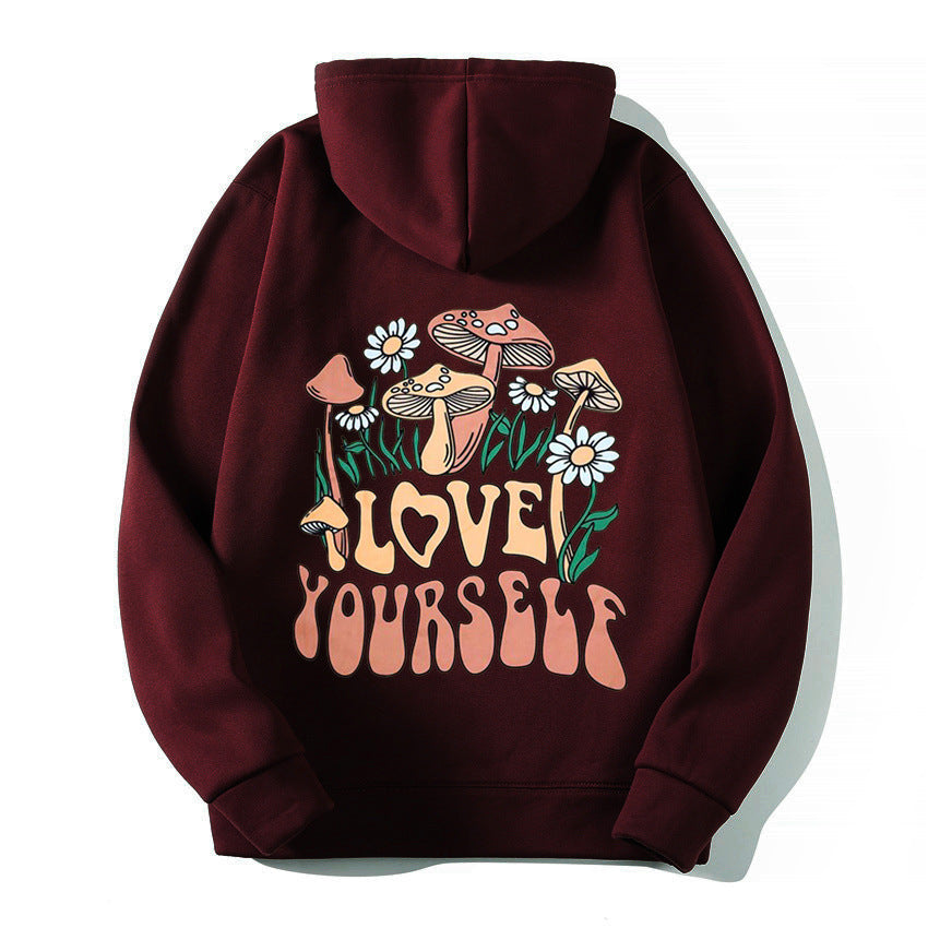 Plus Size Cute Mushroom Slogan Cozy Pullover Hoodie