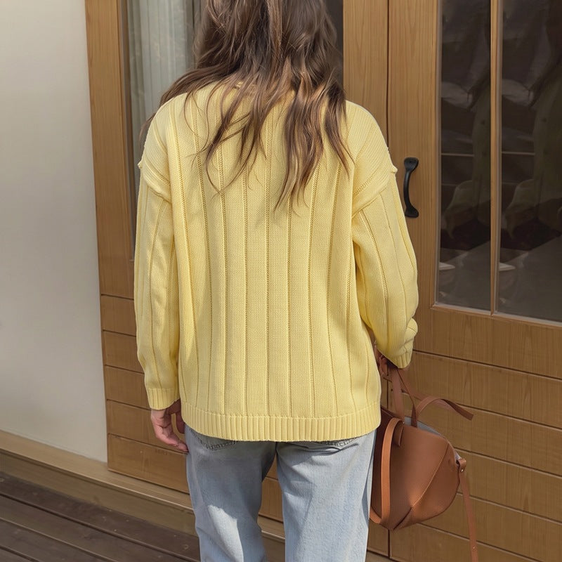 Solid-color Crew-neck Knitted Cardigan Sweater for Women