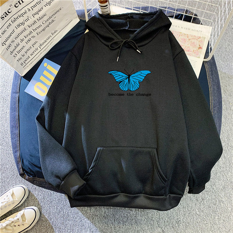 Cozy Butterfly Print Loose Pullover Hoodie