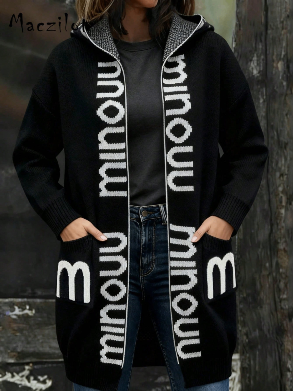 Women Loose Mid-length Hooded Knit Cardigan, Contrast Letter Jacquard Pockets Lazy Style Thick Sweater Coat for Fall Winter