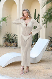 European American Summer New Beach Dress, Solid Sexy Flare Sleeve Hollow Out Long Beach Dress, Bikini Cover Up