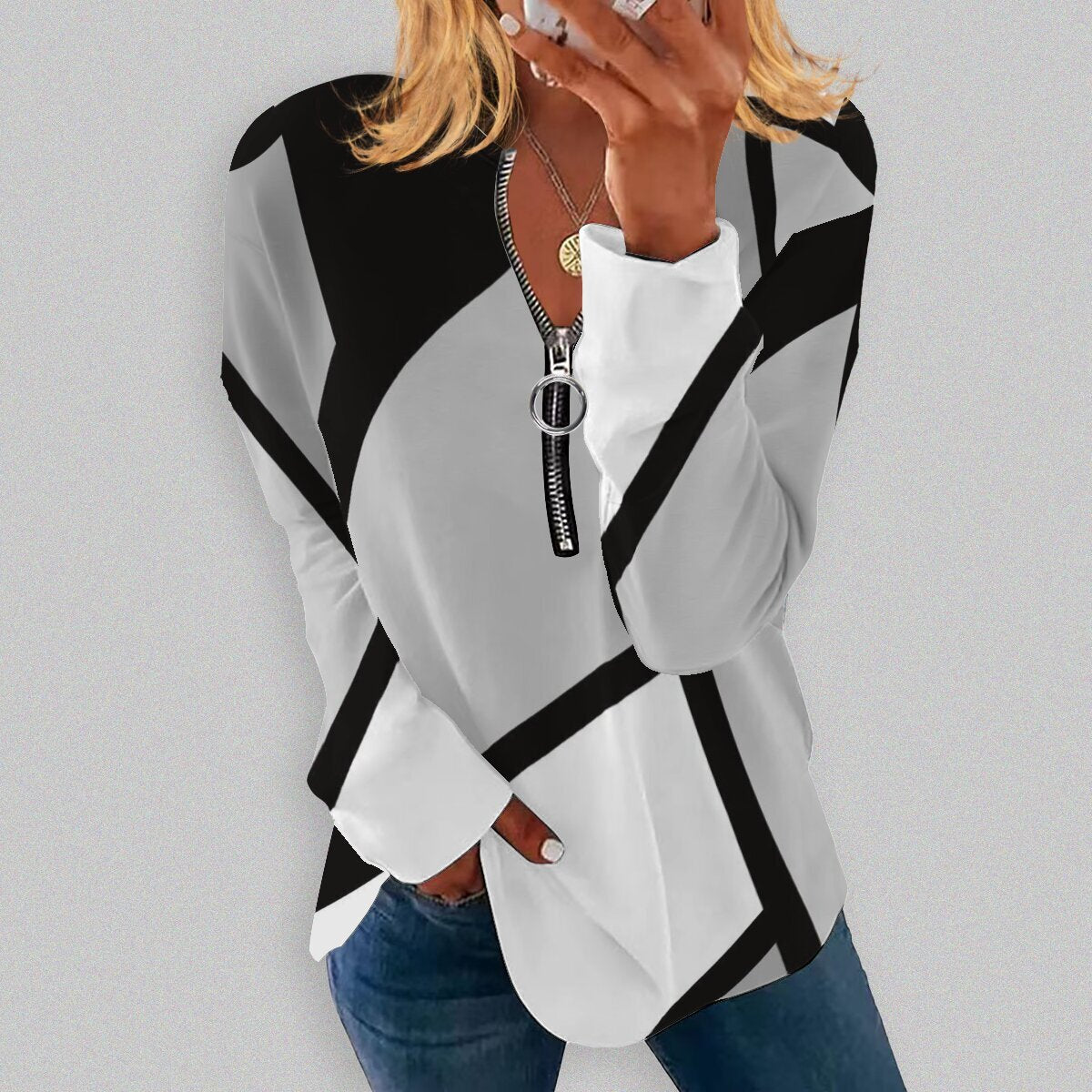 Geometric Print Retro Long-Sleeve Zip Pullover