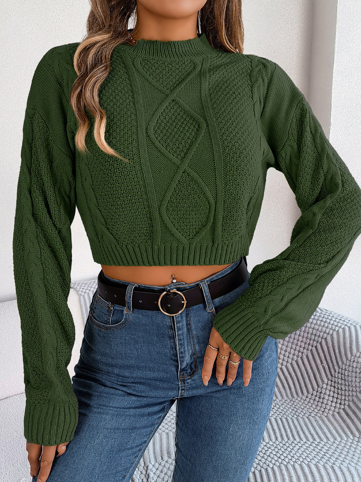Women Casual Solid Color Cable Knit Long Sleeve Cropped Pullover