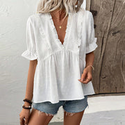 Chic Lace Short Sleeve Shirt with Cute Pom Pom Details