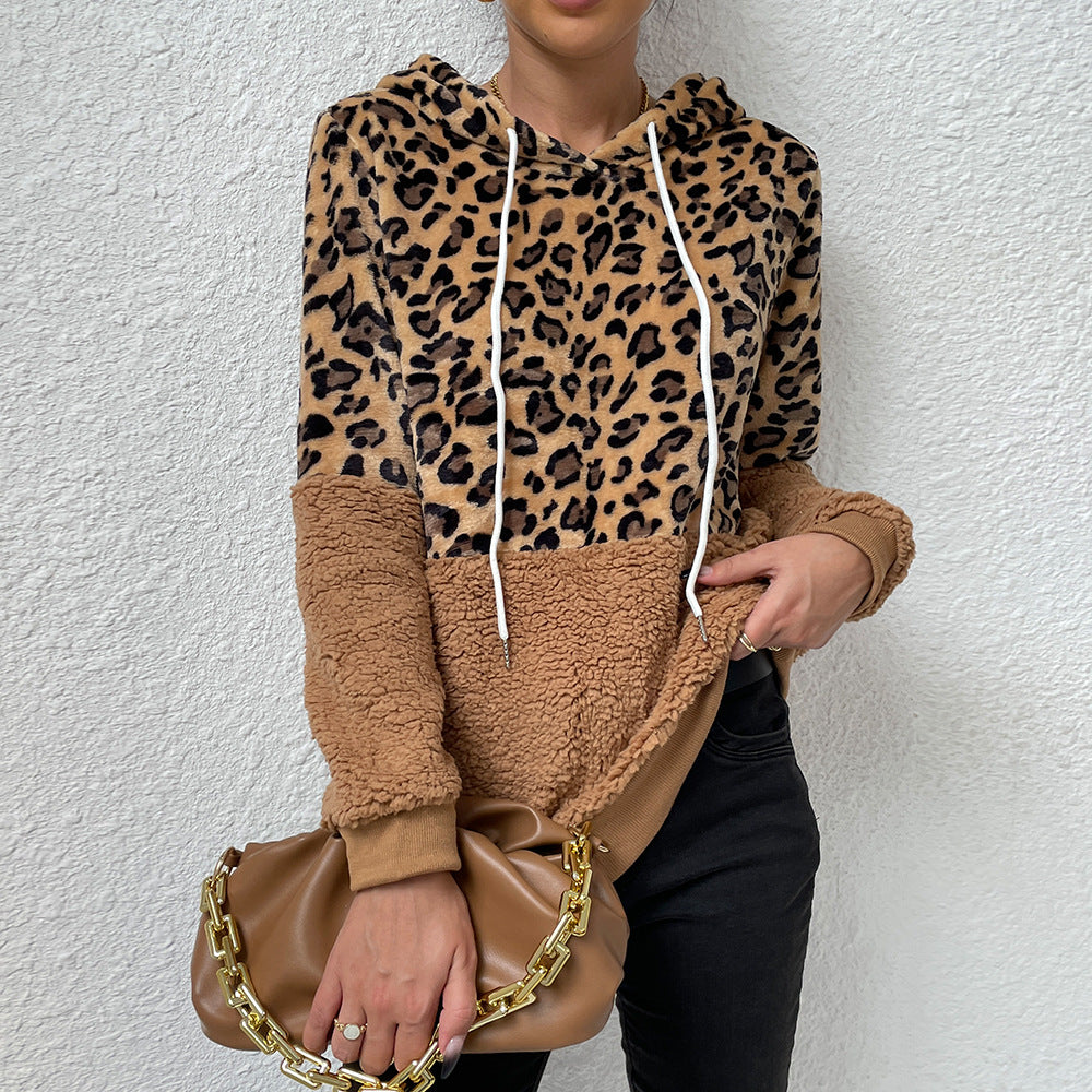 Cozy Leopard Patchwork Velvet Hoodie for Women