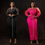 Womens Hot-stone-embroidered Puff-sleeve Stretchy V-neck Long Dress