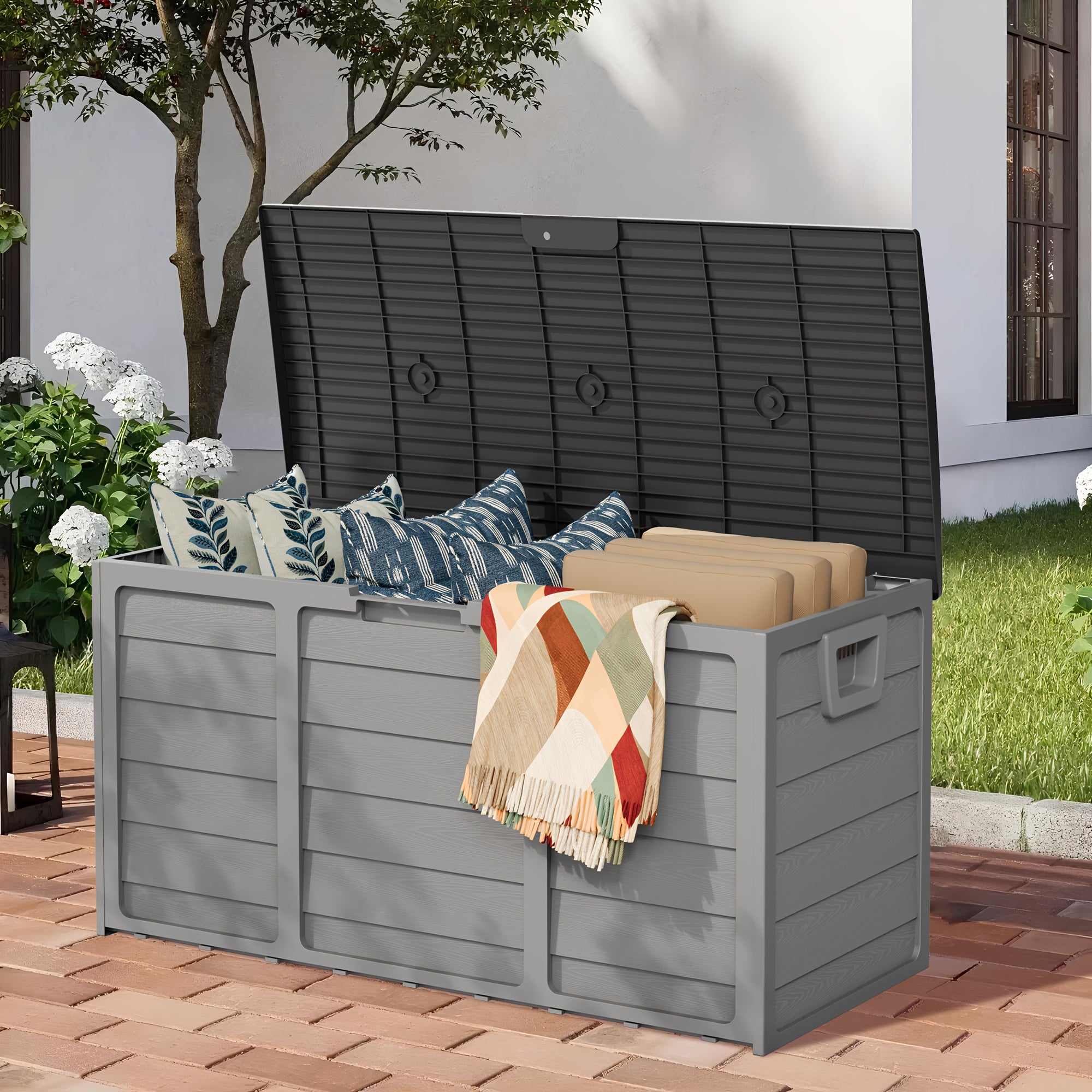75 Gallon Resin Outdoor Storage Box with Handles, Deck Box with Handles for Pool Accessories, Garden Tools, Camping Gear, Holiday Gift, Easy to Assemble, Box,Cabinet,Rack for Outdoor Storage