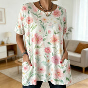 Floral Short Sleeve Tunic Top with Pockets