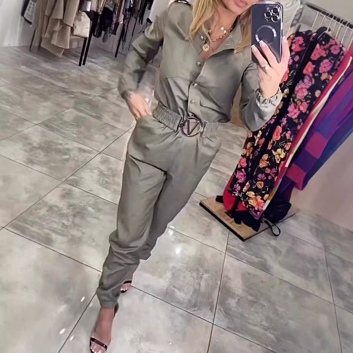 Women's Casual Long Sleeve Shirt Jumpsuit with Waist Control