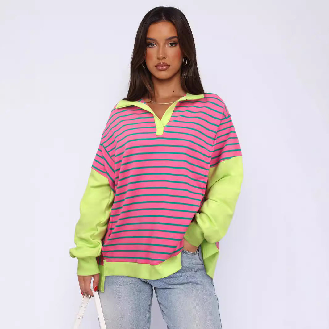 Chic Colorblock Striped Loose Knit Pullover Sweater