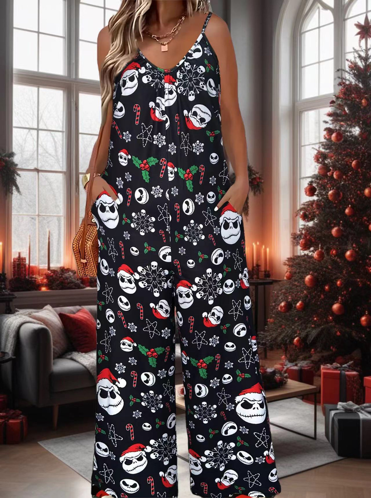 Bohemian Style Printed Pleated Suspenders Jumpsuit