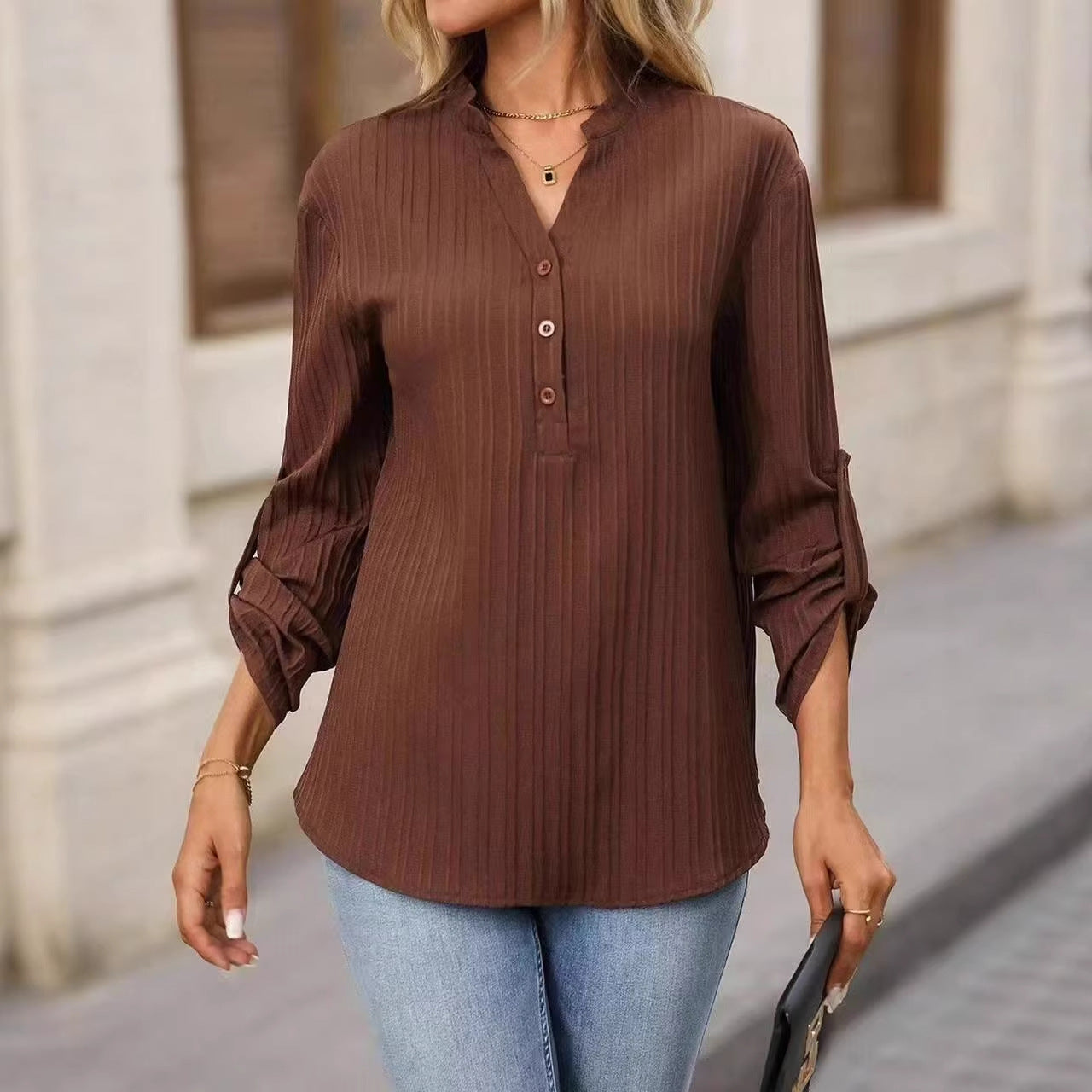 V-neck Partially Open-buttoned Shirt Fashionable And Versatile Top
