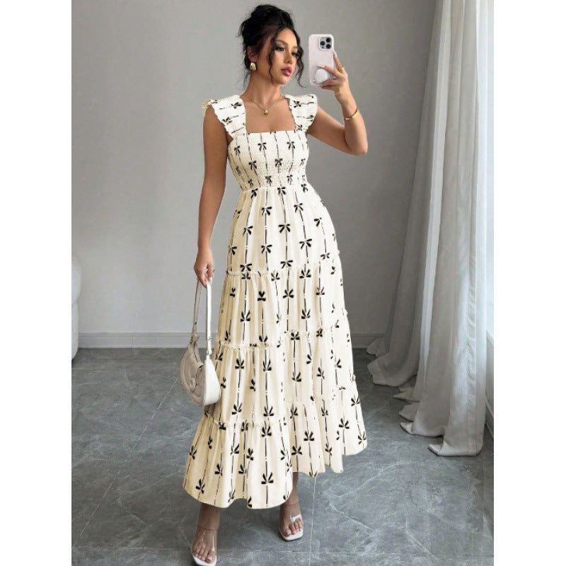 Korean-chic Summer Dress Soft Youthful Square Neckline with a Bow Tie Cinched Waist for a Slimming Effect