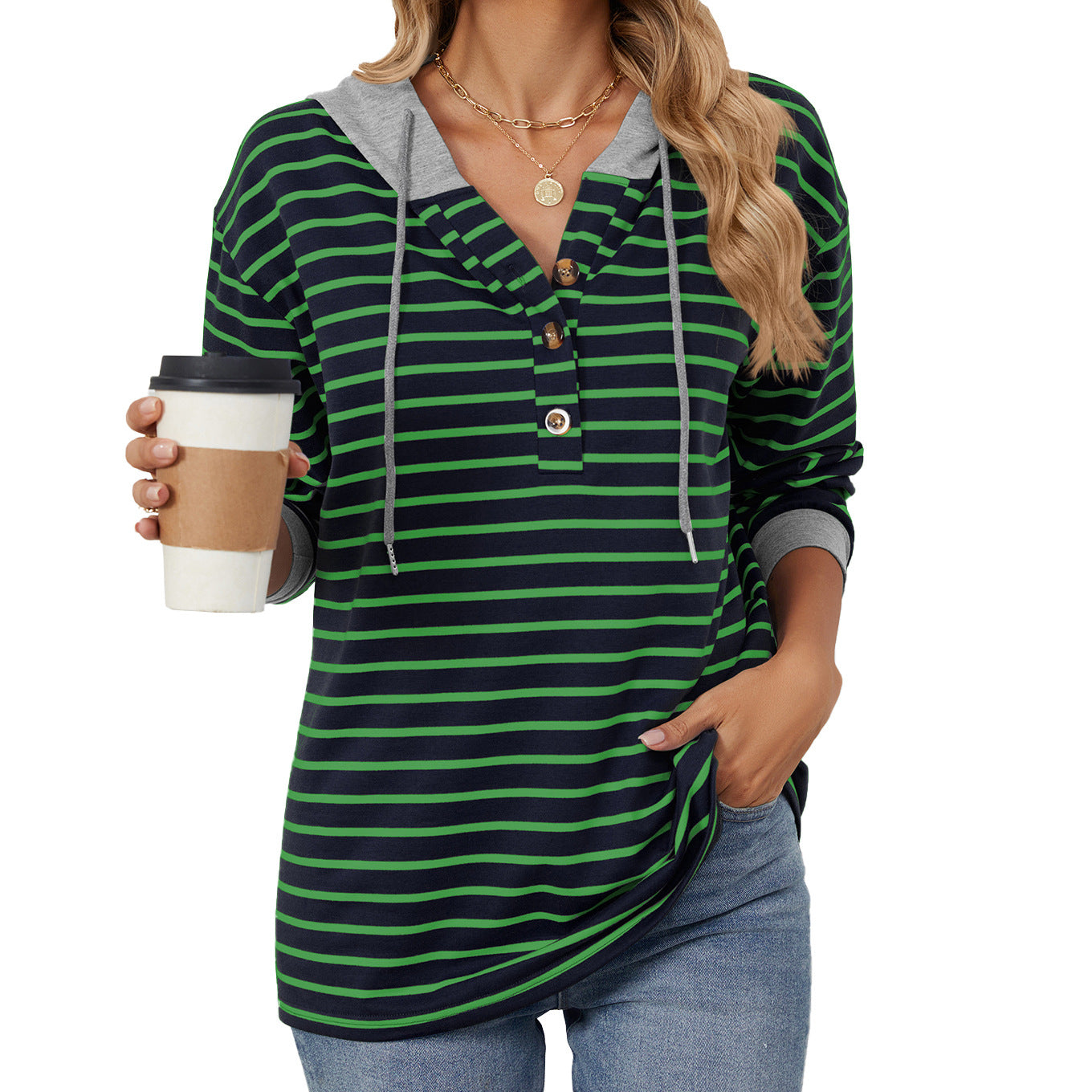 Women's Color Block Striped Hooded Loose Sweatshirt