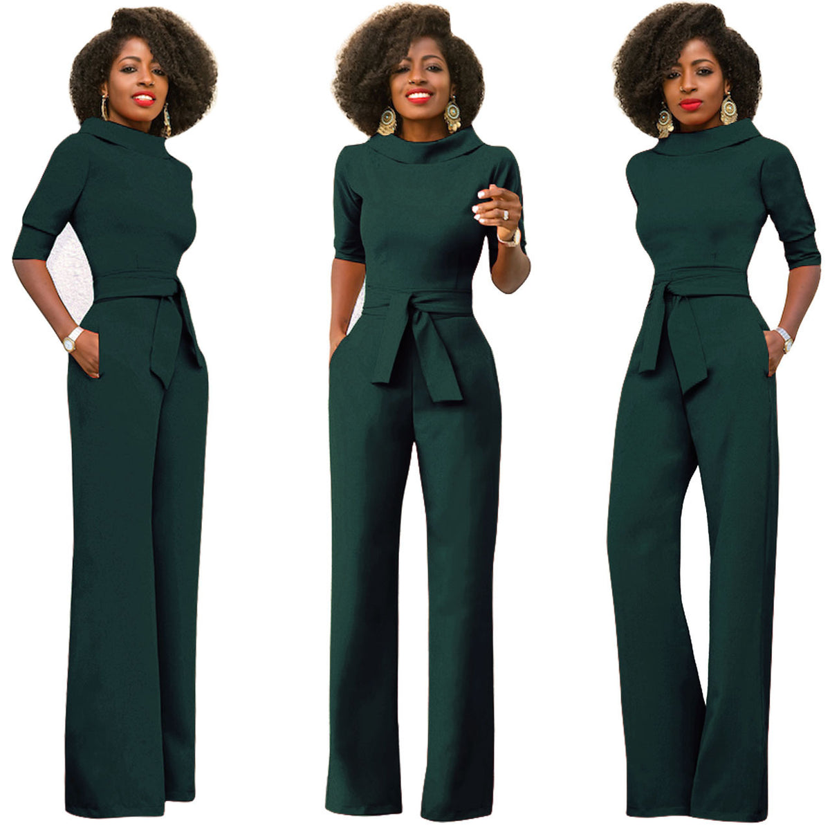 Women's Solid Color Five Quarter Sleeve High Waist Wide Leg Jumpsuit