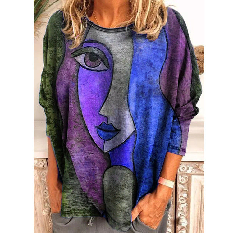 Artistic Face Print Long Sleeve Tee for Autumn