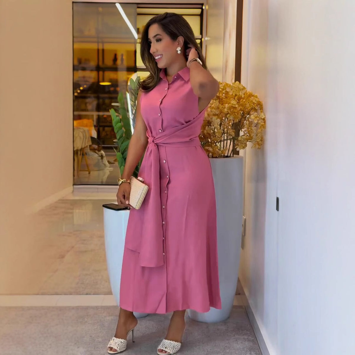 Fashionable Sleeveless Waist-cinching Shirt Dress for Women