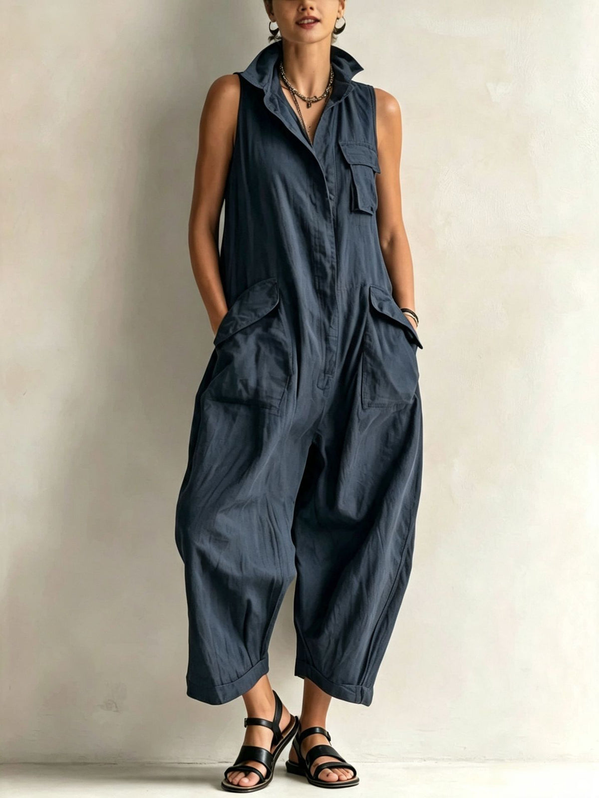 Casual Cotton Multi-Pocket Wide-Leg Jumpsuit