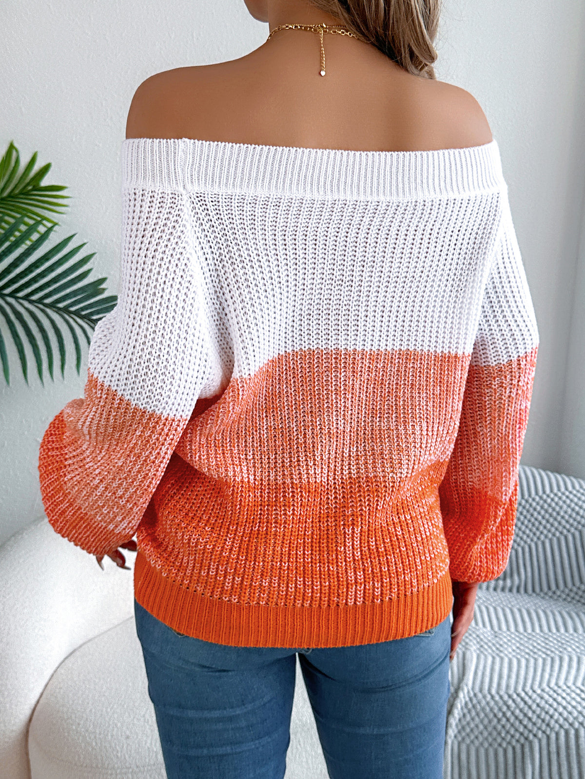 Women Casual Color Block Off-shoulder Lantern Sleeve Pullover Sweater