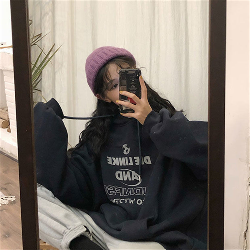Cozy Oversized Letter Print Pullover Hoodie for Women