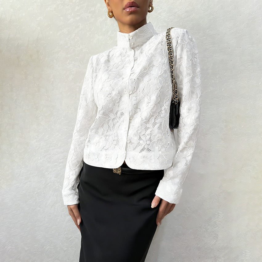Fashionable Lace Blouse For Women Cardigan-style Top With A Stand-up Collar