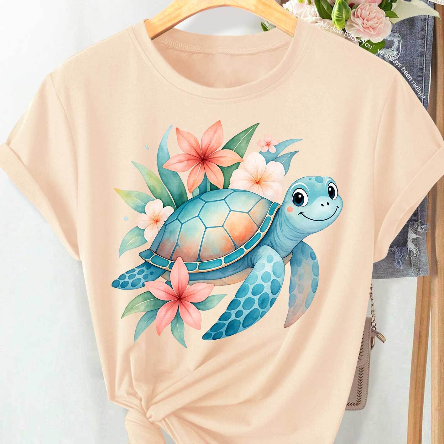 Women's Short Sleeve Round Neck Tunic with Smiling Sea Turtle and Tropical Floral Print