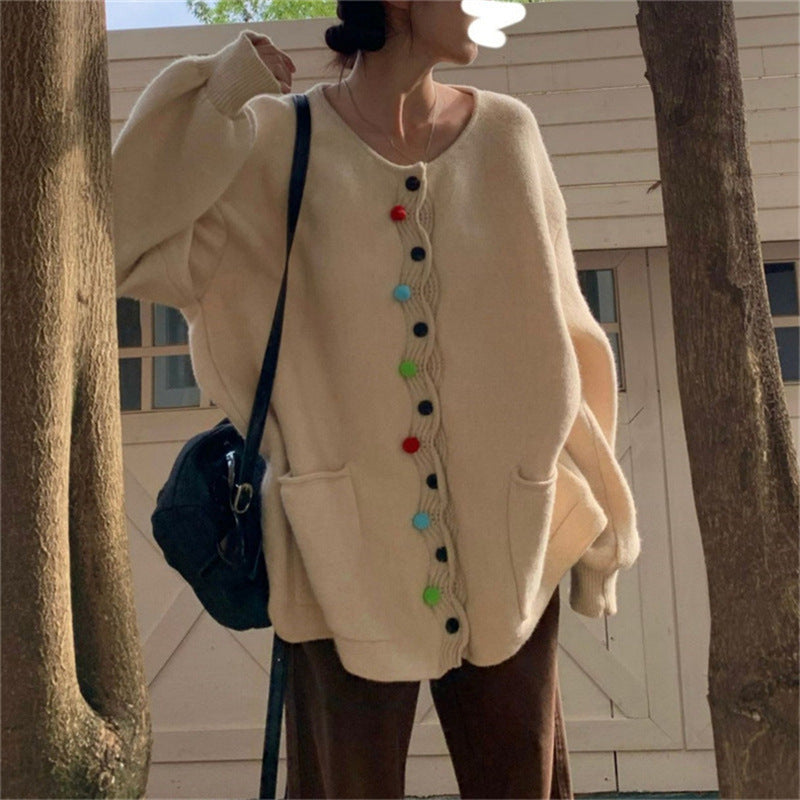 Women's Retro Solid Color Wool Ball Knitted Cardigan