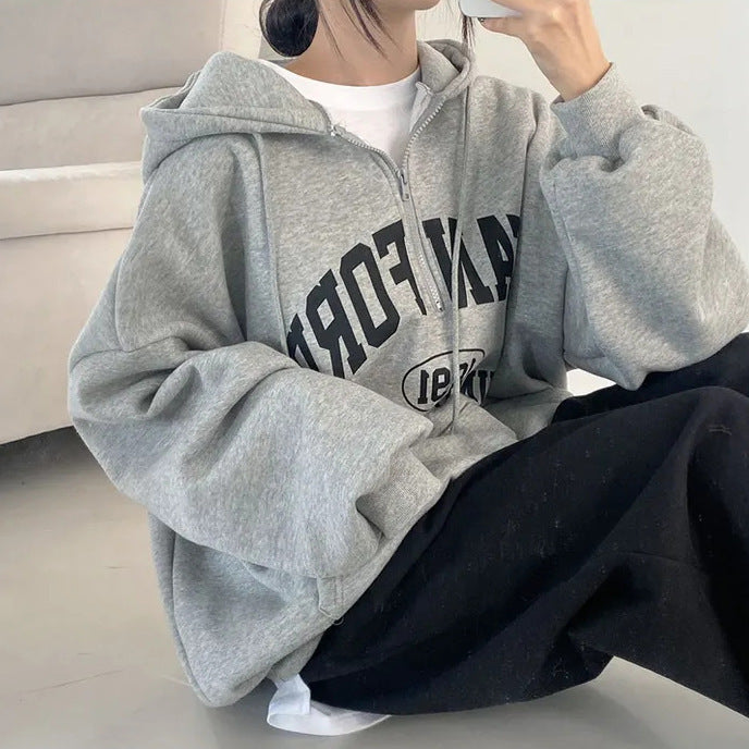 Women's Letter Print Full-Zip Fleece Hoodie