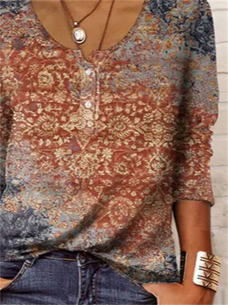 Geometric Floral U-Neck Long-Sleeve Button Tee