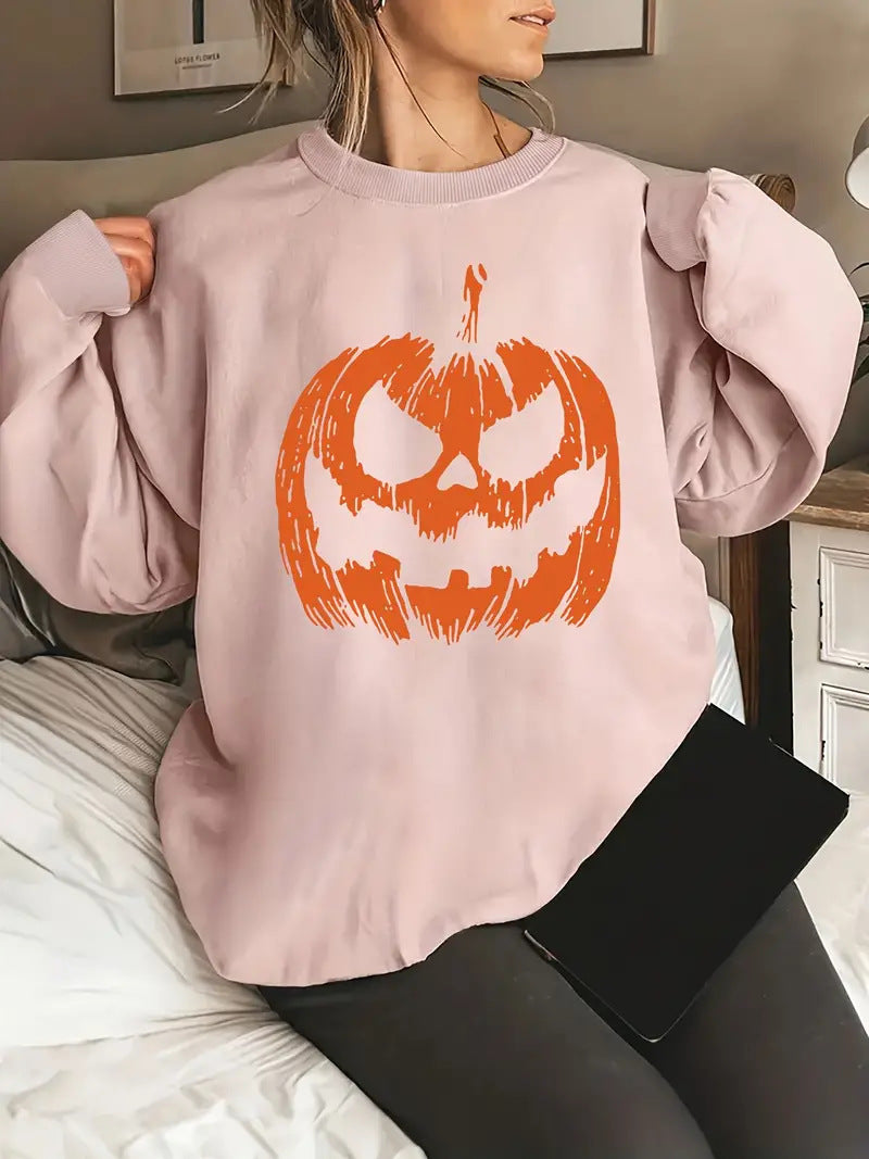 Women's Halloween Pumpkin Print Chic Long Sleeve Sweater