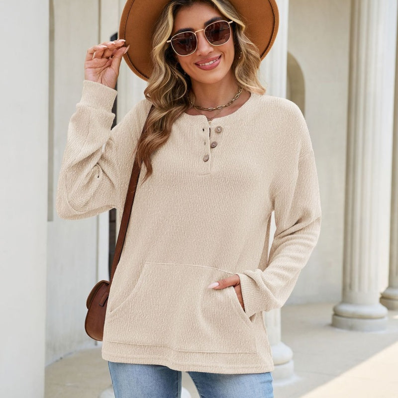 Comfortable Solid-Crew Long-Sleeve Top – Relaxed Fit, 100% Polyester