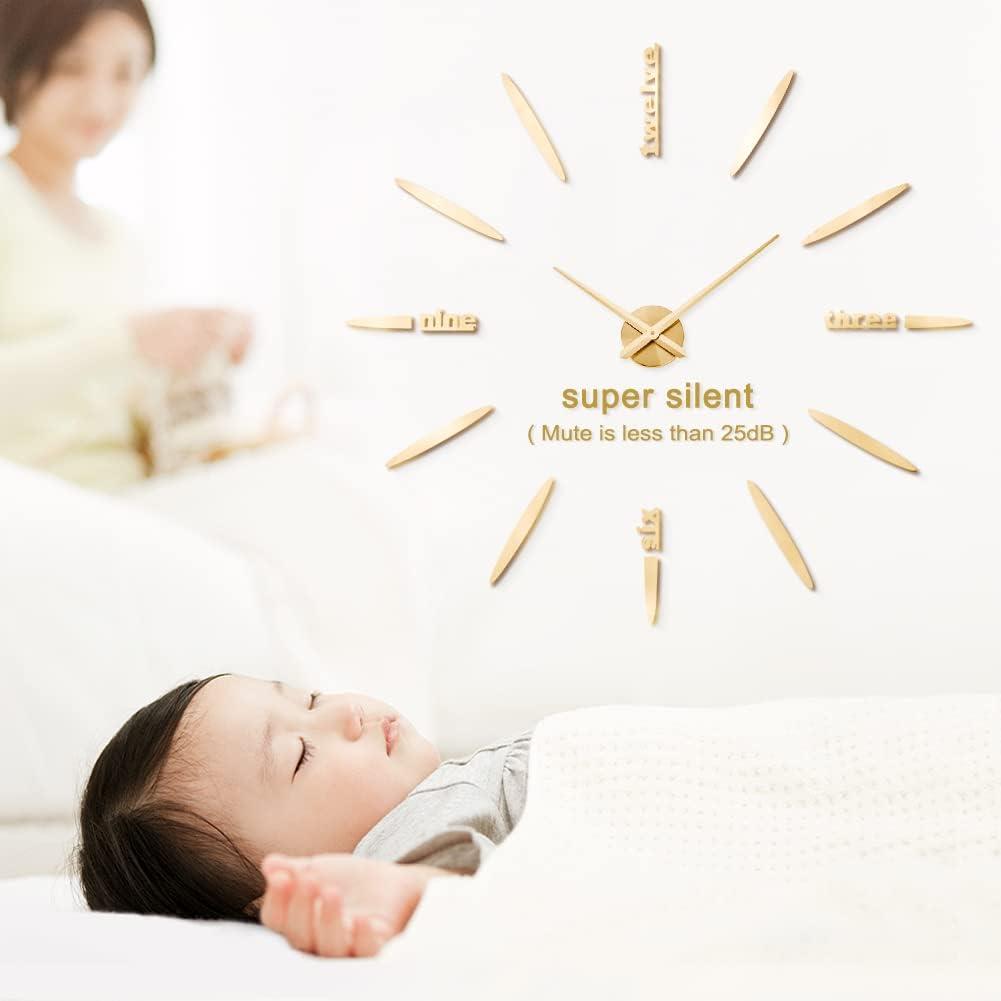 SIEMOO Large Frameless Wall Clock - Golden Modern Silent Non-Ticking - DIY Mirror Installation, 39.37" Round (as a rectangle for installation) Minimalist Golden Hands & Arabic Numerals for Home, Room, Office -