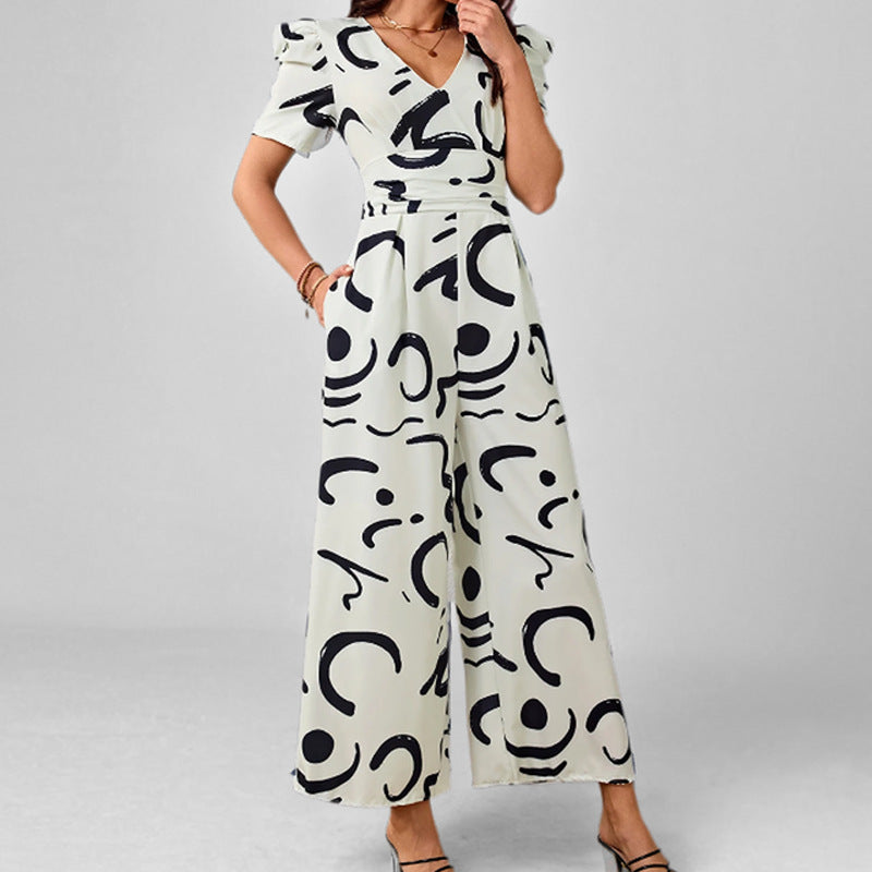Chic V-Neck Cinched-Waist Wide-Leg Jumpsuit with Pockets
