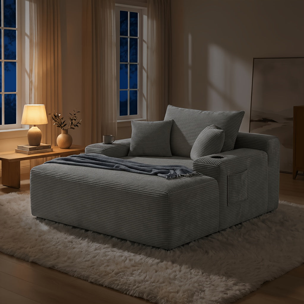 Extra-Large Convertible Chaise Lounge Sofa with High-Rebound Foldable Recliner, Pocket Spring System, High-Density Foam Padding, Cup Holder and Side Pockets