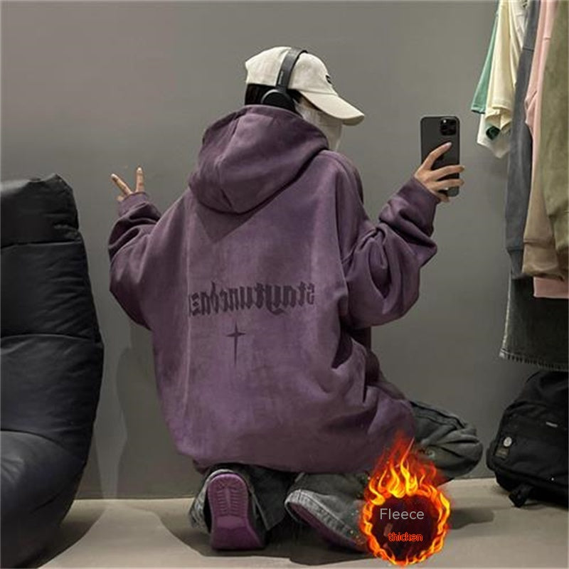 Plush Fleece Burgundy Suede Pullover Hoodie