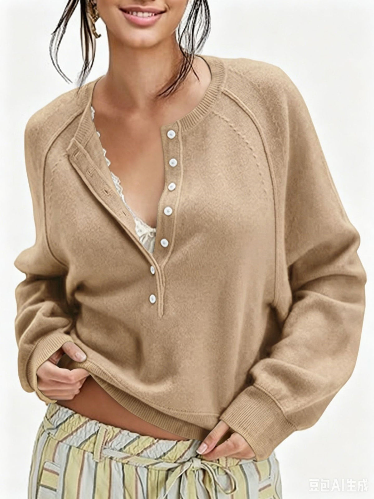 Womens Button-front Half-placket Sweater Top