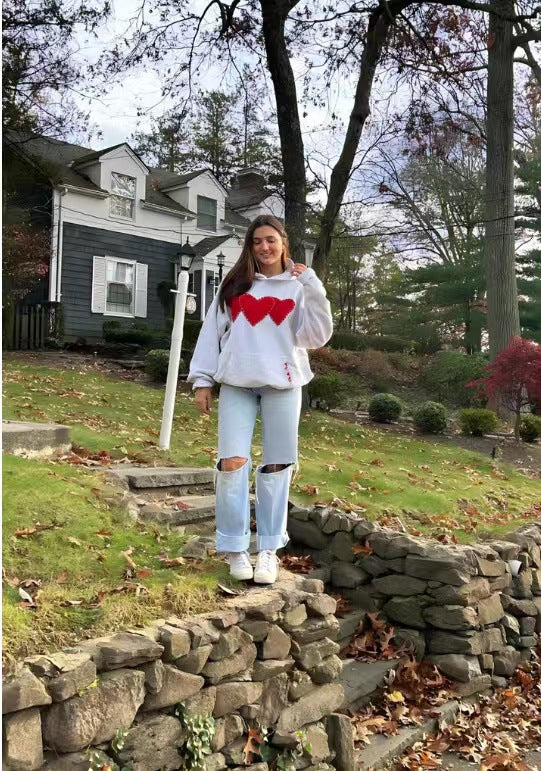 Women's Heart Print Brushed Fleece Drawstring Hoodie