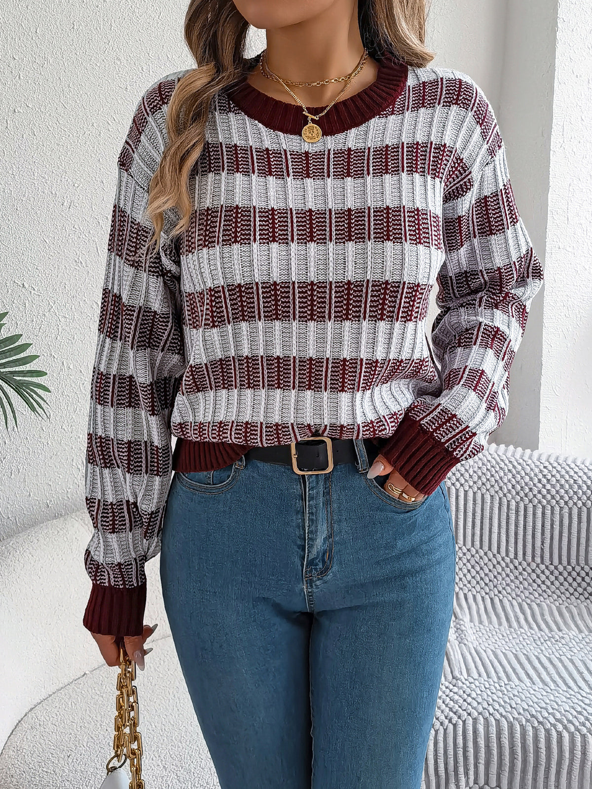 Women Round Neck Retro Stripe Lantern Sleeve Long Sleeve Pullover Sweater