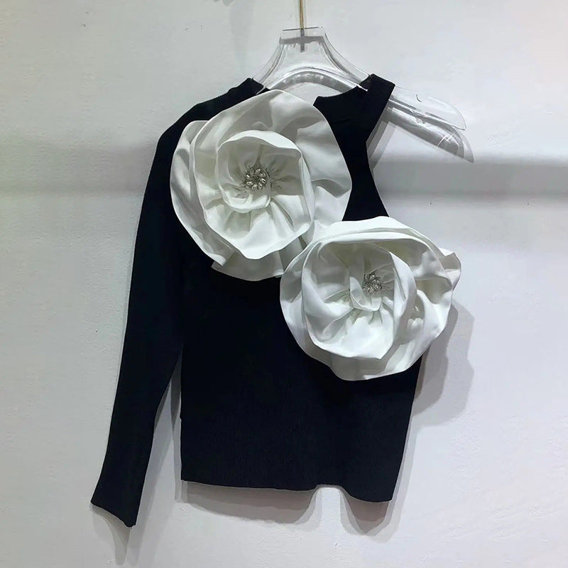 Floral Stitching Slim-Fit Knitted Top