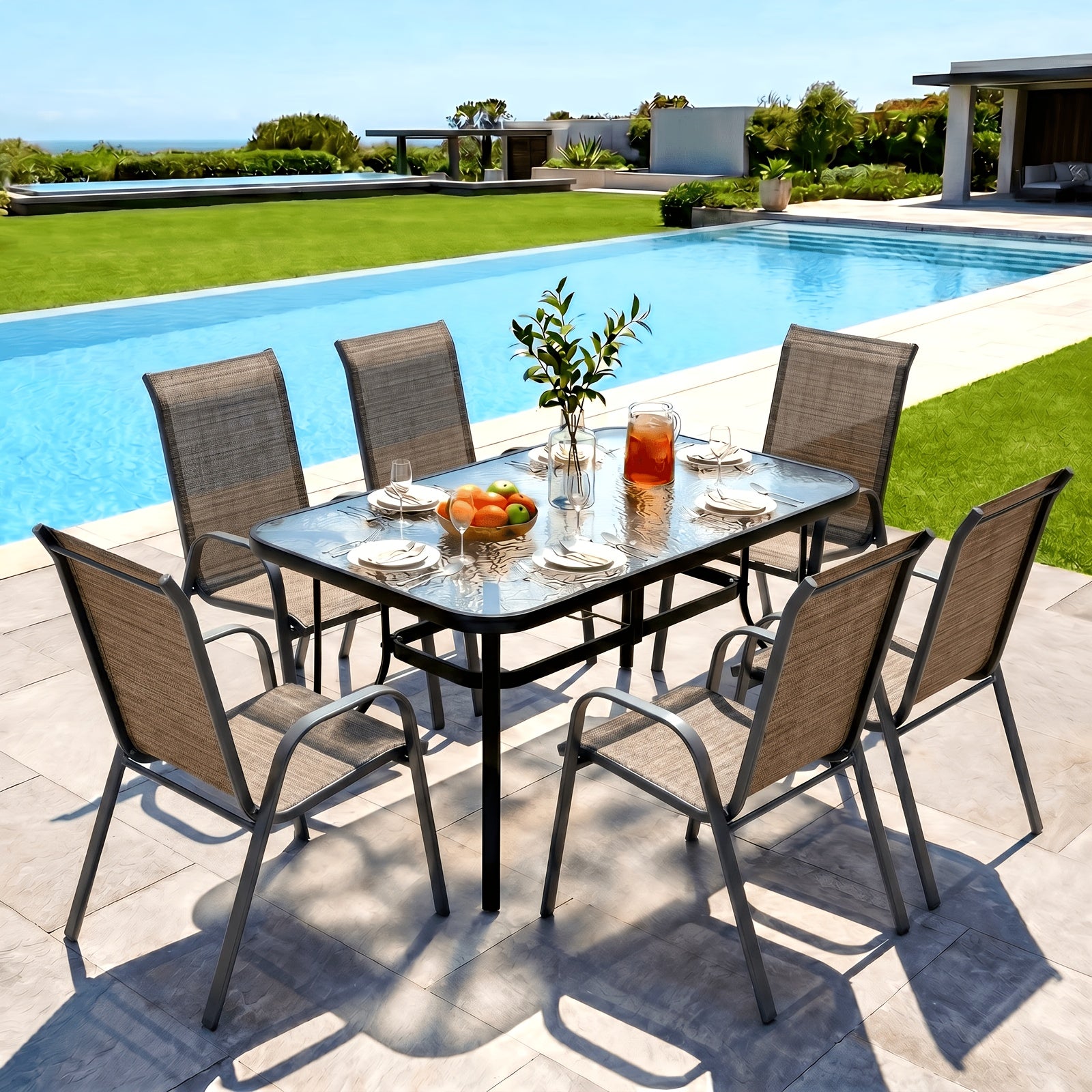 [All Weather Patio Set] Patio Dining Set for 6, Outdoor Table And Chairs W/ 1.69" Umbrella Hole, 30" X 55" Table And Stackable Textilene Chair, All Weather Patio Furniture Set (Umbrella Not Included)