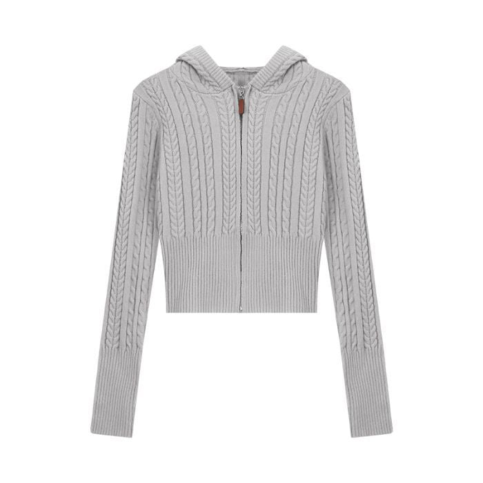 Soft Textured Knitted Hoodie with a Lazy Korean-style Zip-up Design
